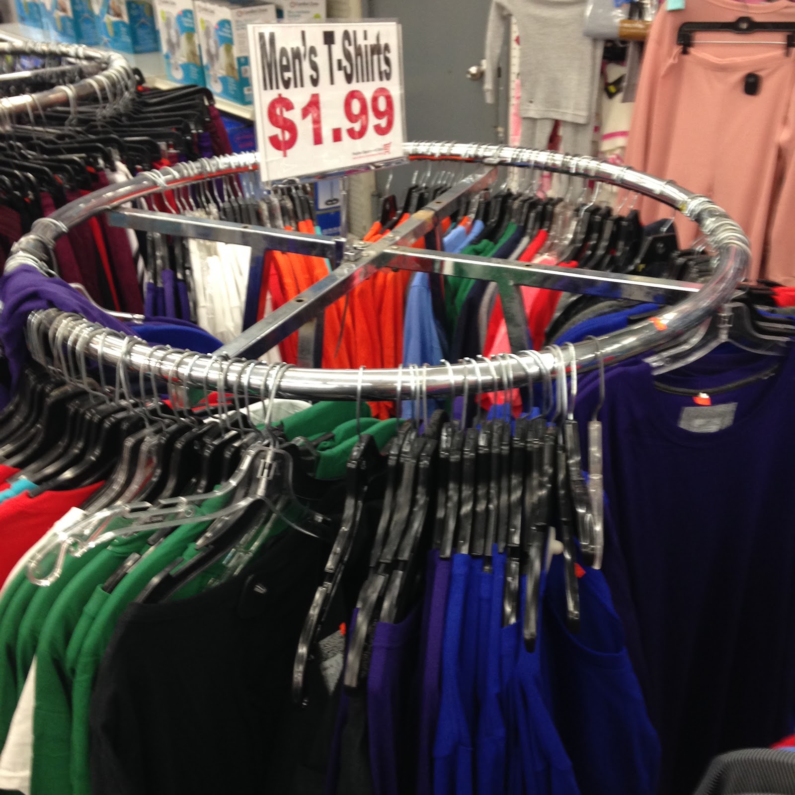 Rack of men's t-shirts in the clothing department at Peoples Department Store