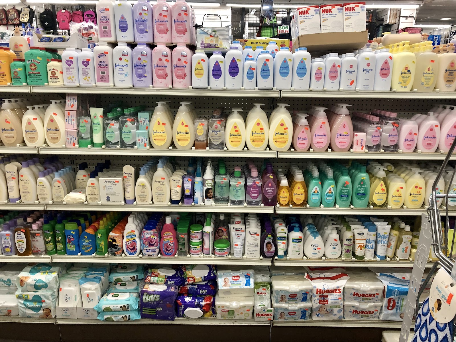 Body wash, lotion and skin care shelves at Peoples Department Store