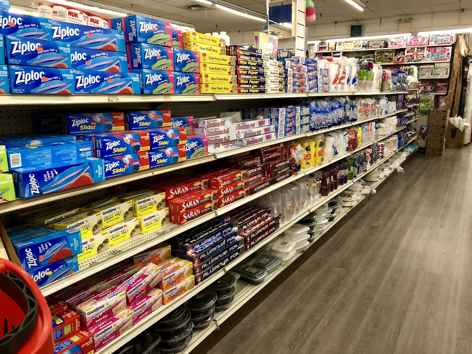Food storage bags, foil and household essentials aisle at Peoples Department Store